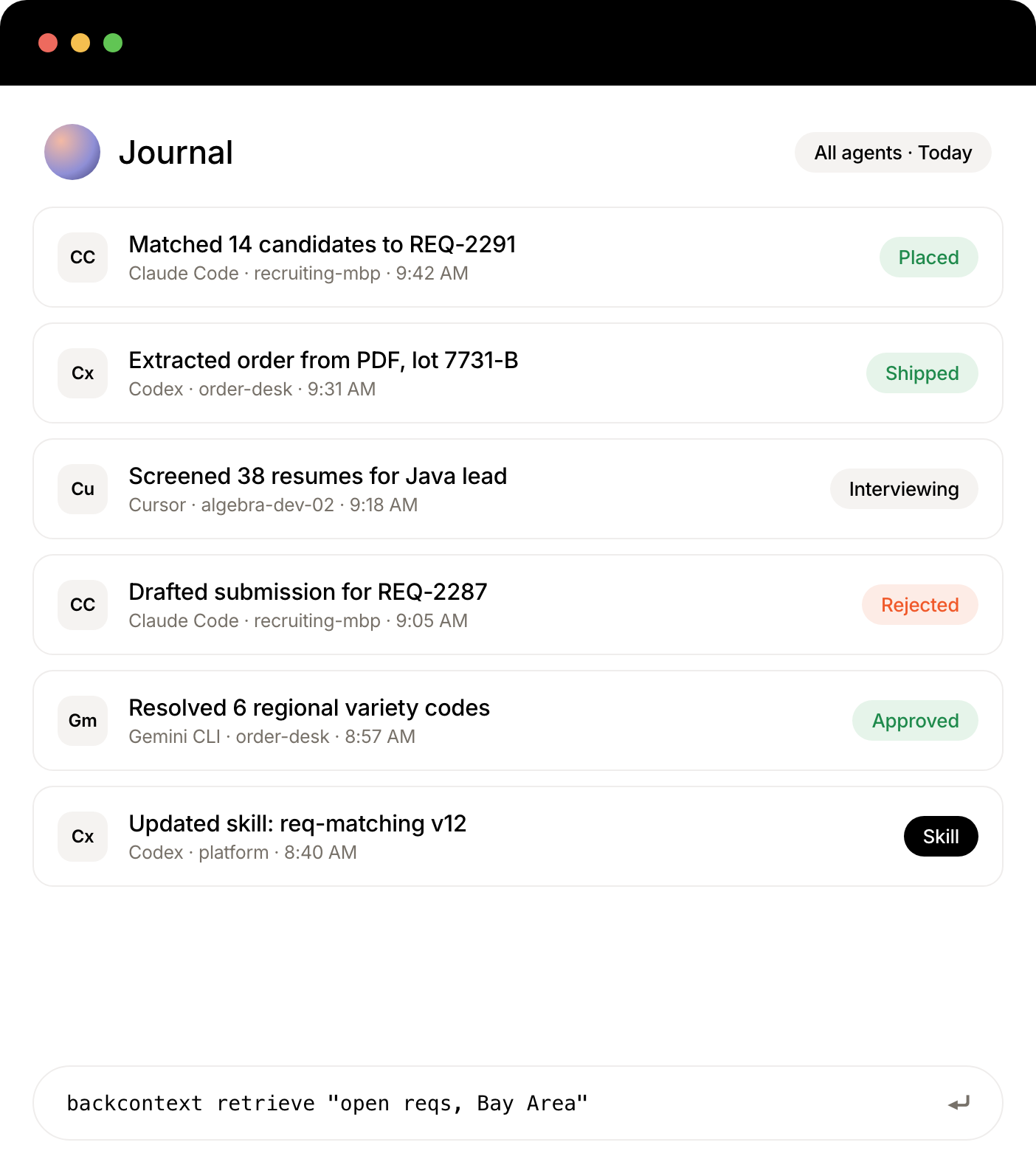 BackContext journal of agent sessions and outcomes