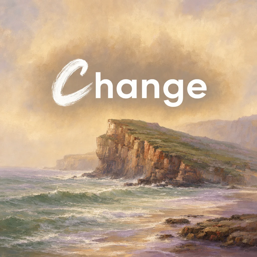 Painting of a headland standing in a moving sea, titled Change