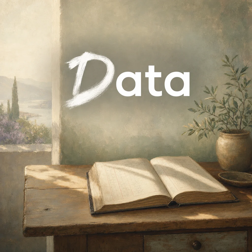 Painting of a quiet interior with an open ledger on a sunlit table, titled Data
