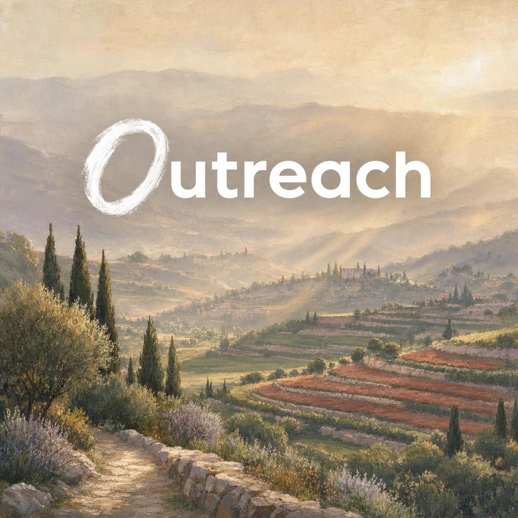 Painting of morning light reaching across a terraced valley, titled Outreach