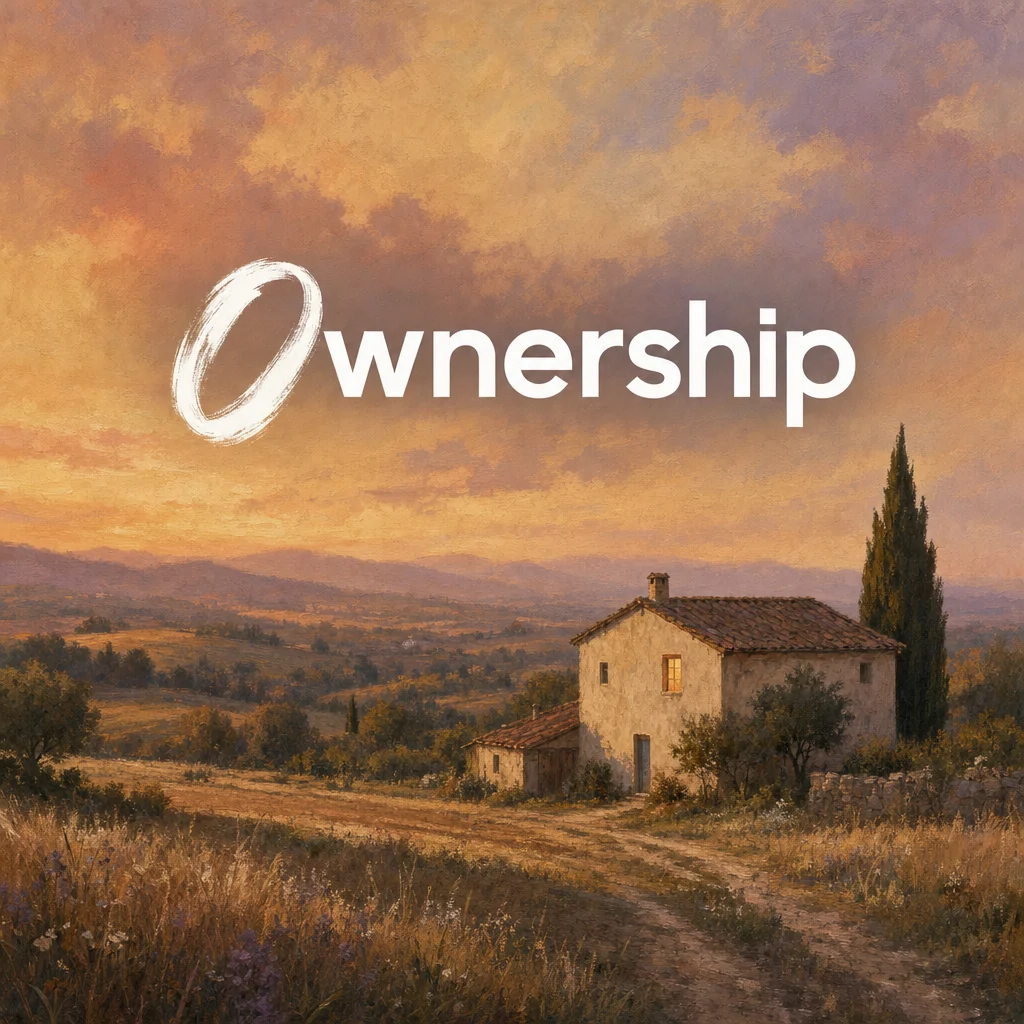 Painting of a farmhouse at dusk with one lit window, titled Ownership