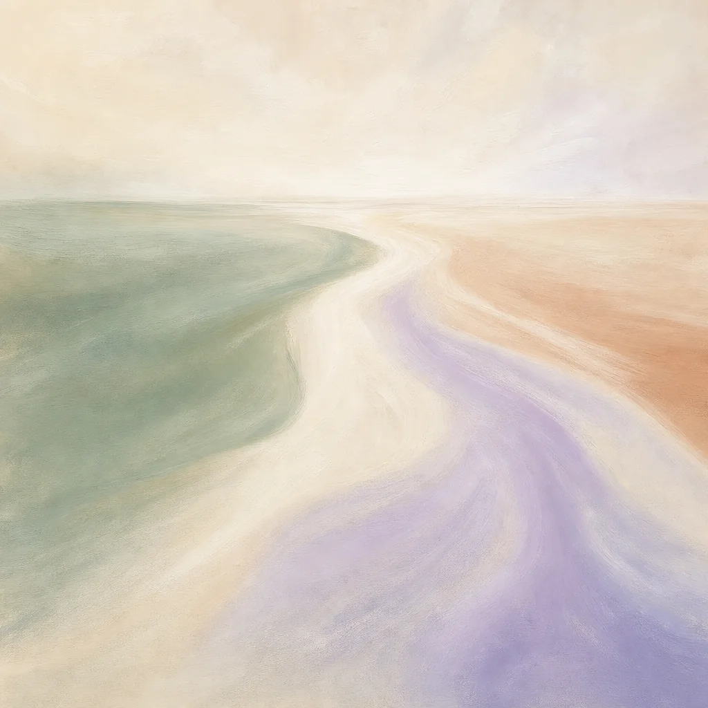 Painting of soft streams of sage, sand, lavender and terracotta merging into one current.