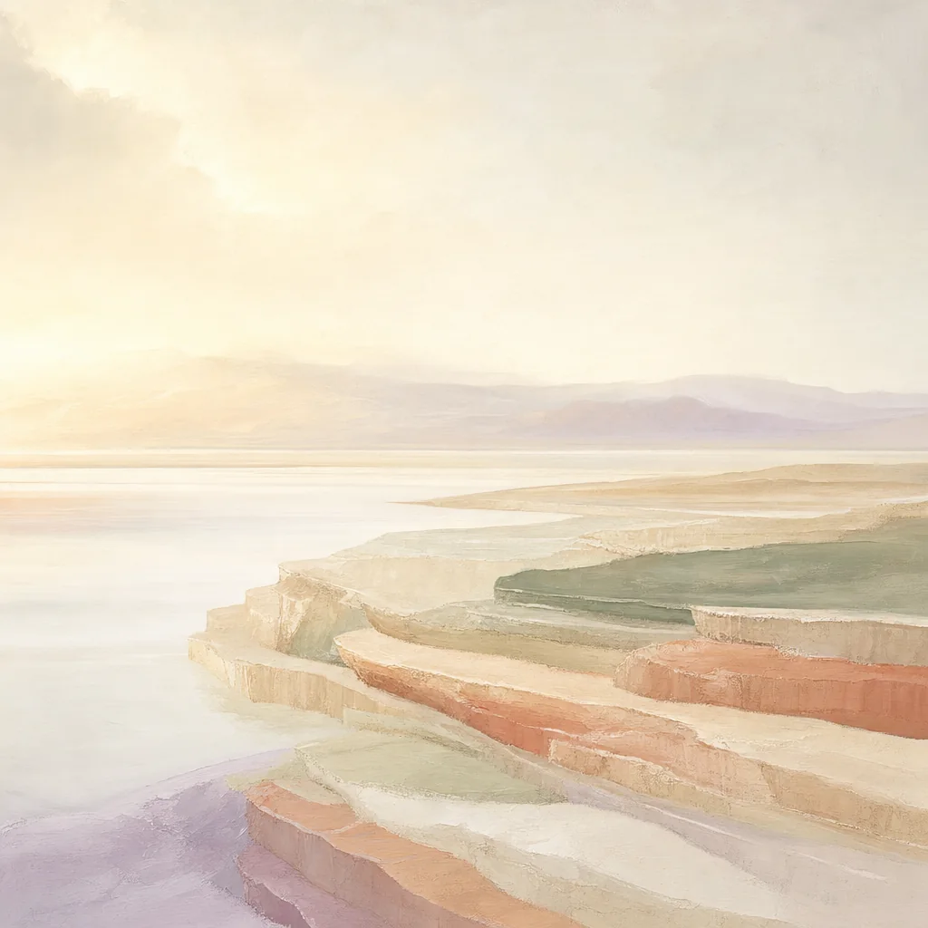 Painting of layered terraces under a calm, pale surface in morning light.