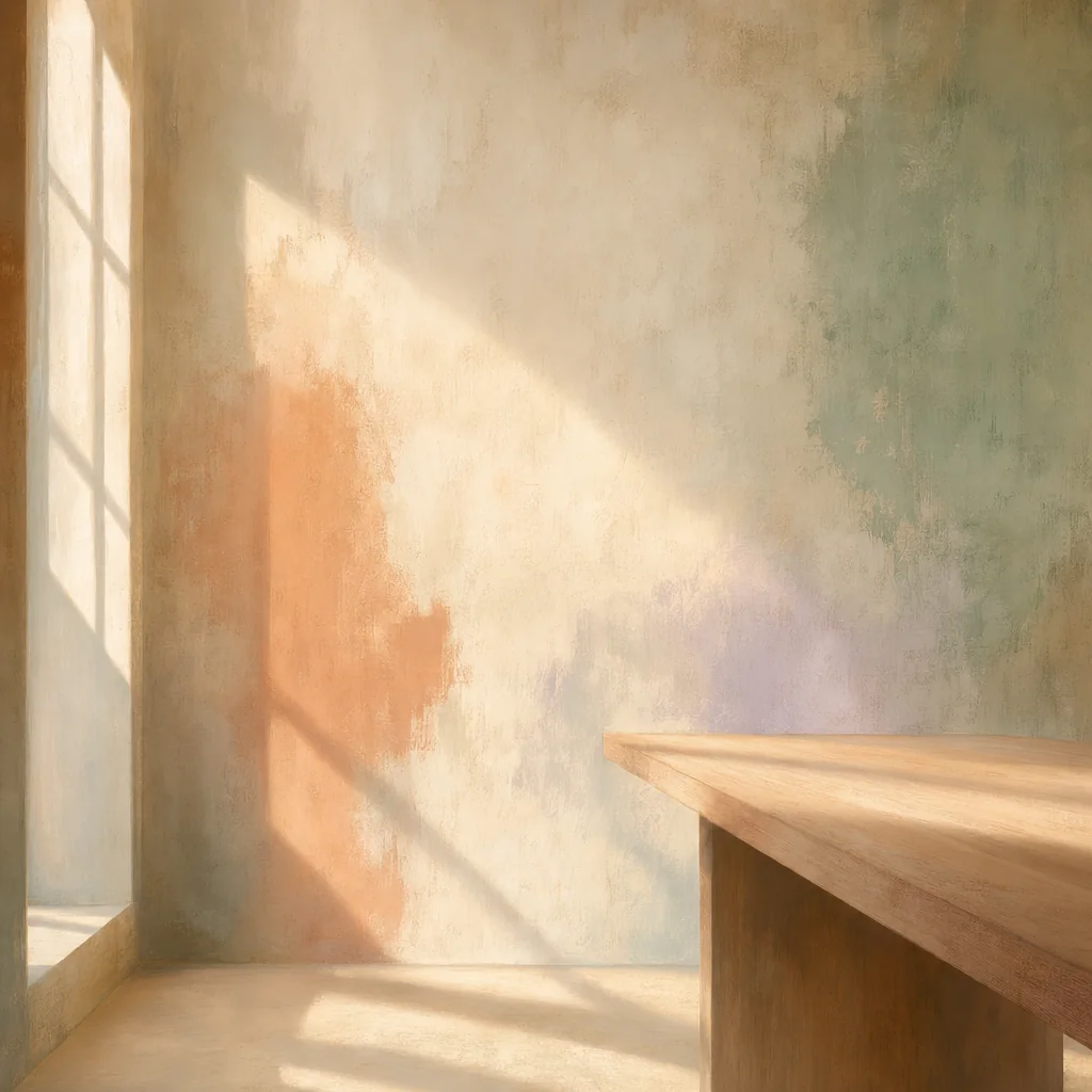 Painting of morning light falling across a plaster wall and the edge of a wooden worktable.